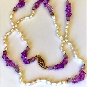 Genuine Amethyst/Fresh Water Pearls Necklace Gold Filled